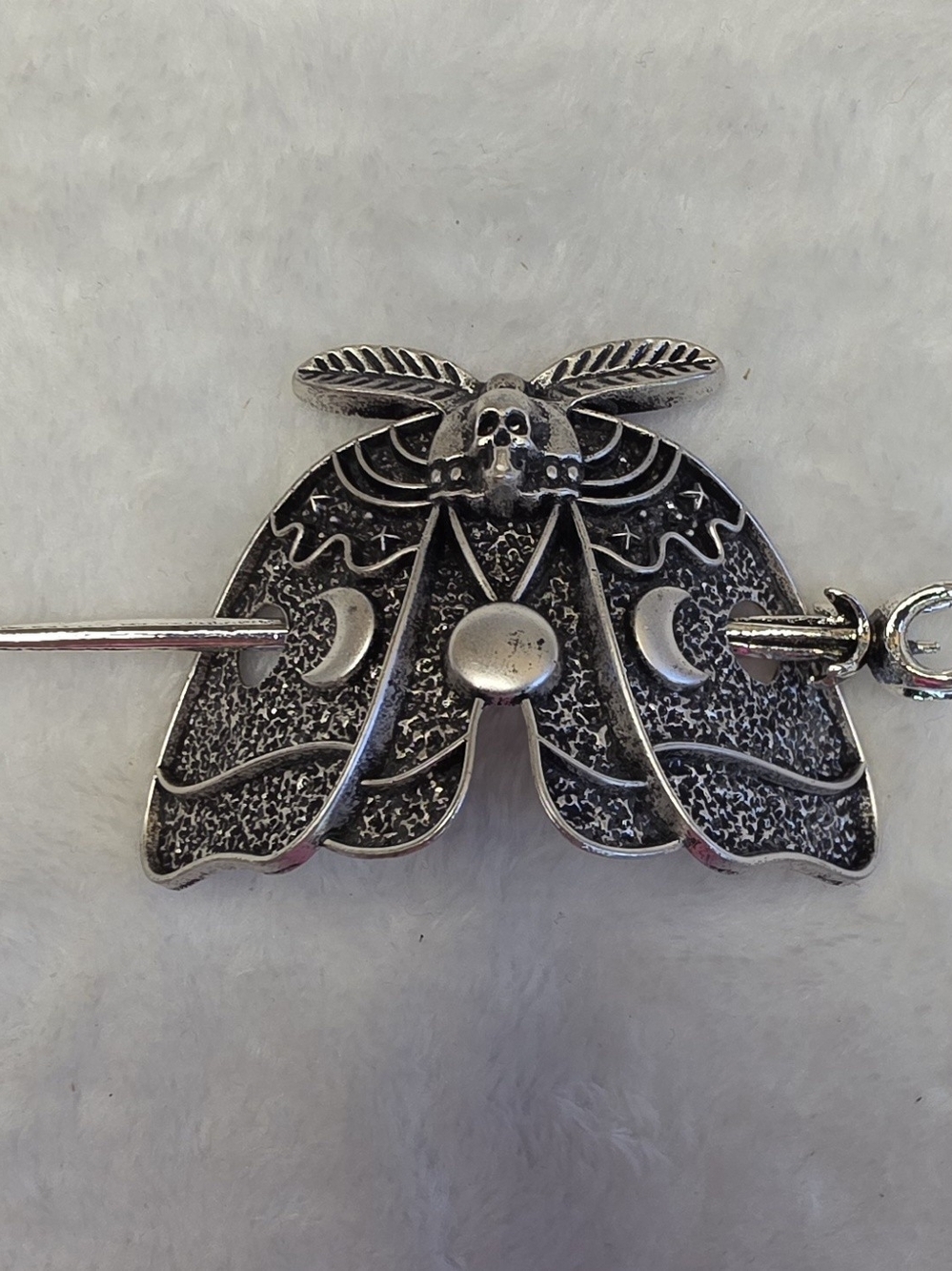 Silver Moth Hairpin Barrette with Skull and Crescent Moons